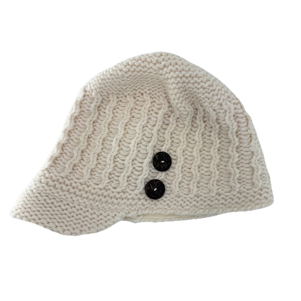 Eddie Bauer Cream Beanie Cap Ribbed Knit Hat w/ Brim & Fleece Lining Y2K‎ Vibe